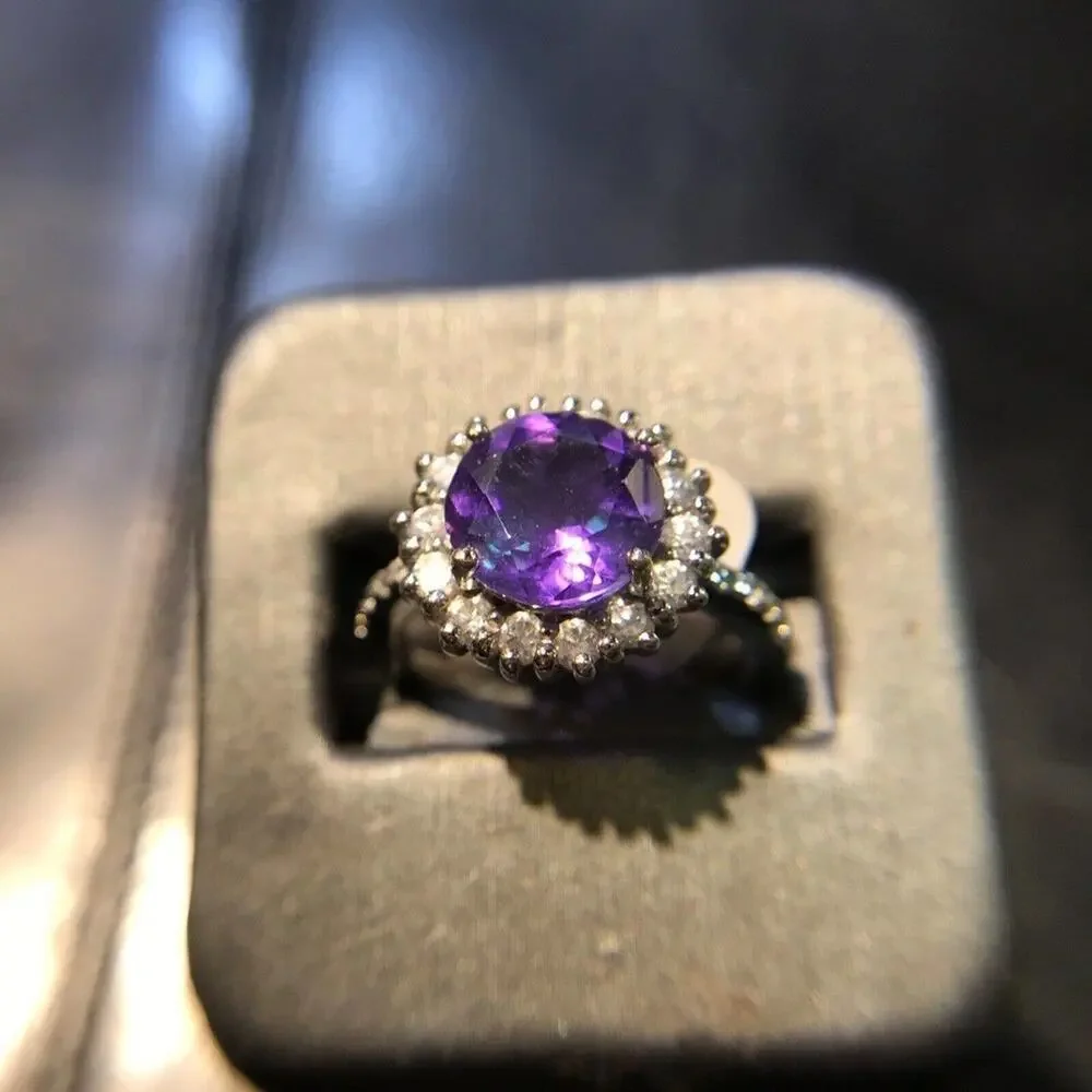 Cocktail Ring 925 Sz8 Round Amethyst Circle Diamonds (All Stones Simulated)